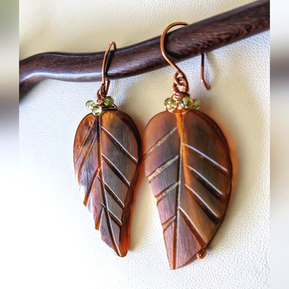 Artisan Autumn Leaf Earrings Carved Horn Hand Wrapped In Solid Copper - Picture 7 of 16